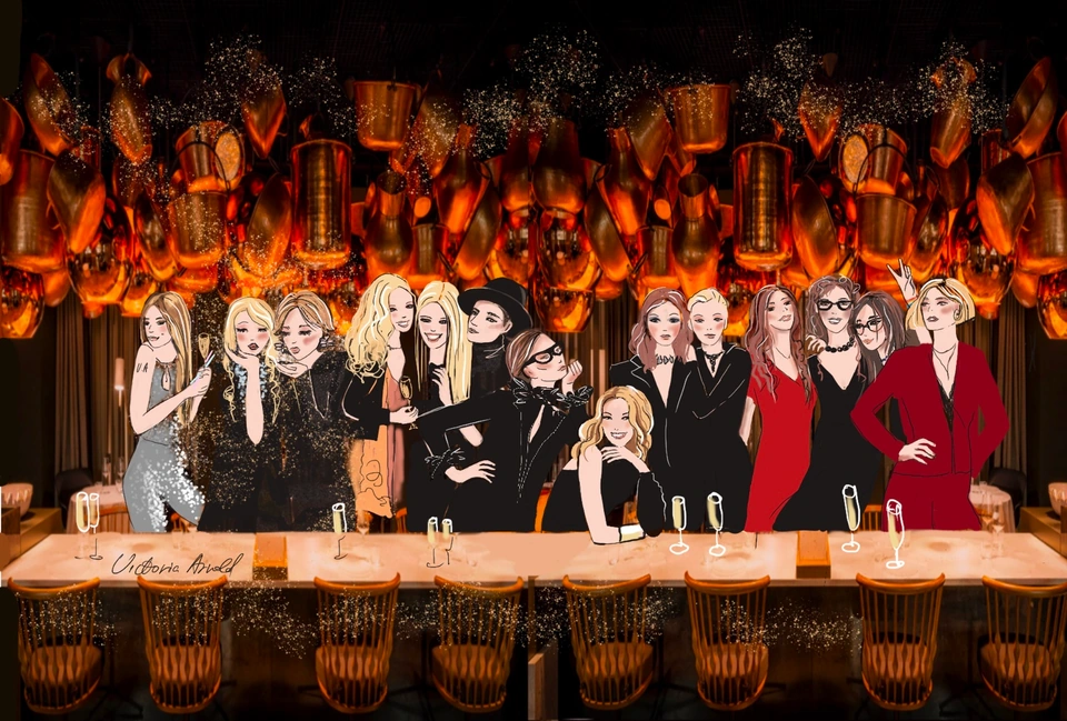 Fashion illustration of a group gathered at a golden bar
